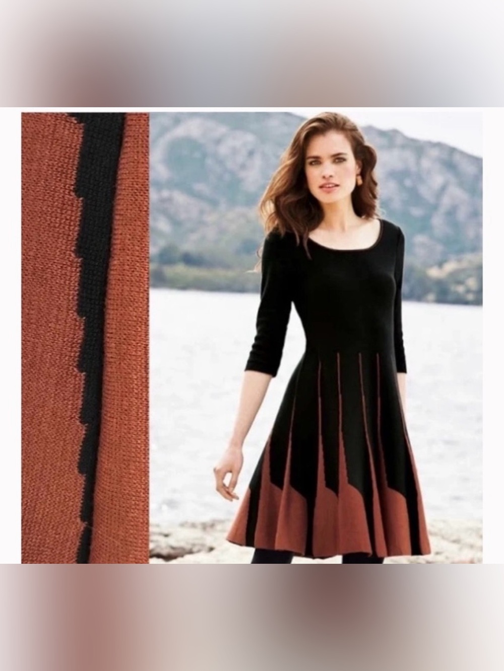 Peruvian Connection Parc Royal Pima Cotton Knit Fit Flare Dress Black Rust M